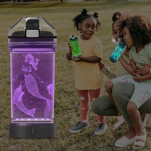 Vista 7 de YuanDian Botella de agua iluminada para niños con diseño de sirena 3D, 14 onzas, Tritan libre de BPA, ecológica, tazas de bebida frescas, regalo