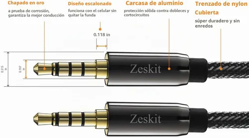 Vista 2 de Zeskit Cable de audio AUX macho a macho de 0.138 in de alta calidad, TRRS 4 polos para auriculares con micrófono, altavoces - 4 pies