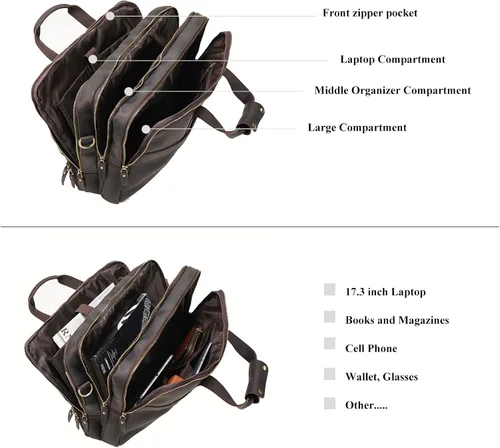 Vista 4 de Bolso de mensajero de cuero para hombre, maletín para portátil de cuero de grano completo vintage de 17.3 pulgadas
