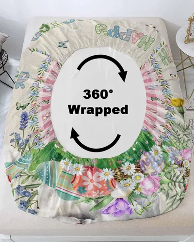 Vista 4 de Happy Easter - Juego de sábanas bajeras tamaño individual con diseño de conejo floral con mariposa, 2 sábanas y fundas de almohada, 1 colcha Beige