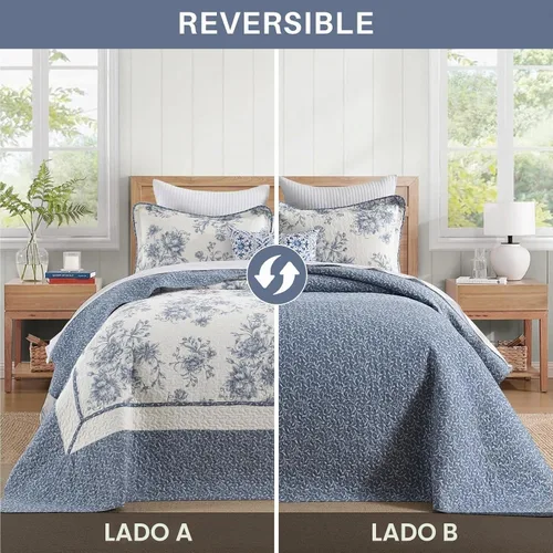 Vista 2 de Colcha Queen de Tamaño Extragrande 102x120 pulgadas - Juego de Edredón Queen de Tamaño Extragrande Reversible con Diseño Floral Botánico de Granja