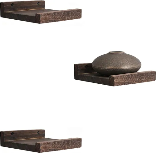 Vista 10 de Z metnal Mini estantes flotantes, pequeño estante de pared de madera natural para repisa de fotos, Pawlownia, montado en la pared, marrón claro, 6 x