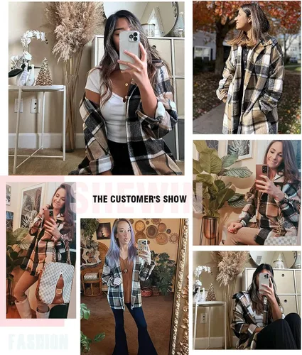 Vista 5 de SHEWIN - Camisas de franela, de manga larga, a cuadros, con solapa y botones para mujer