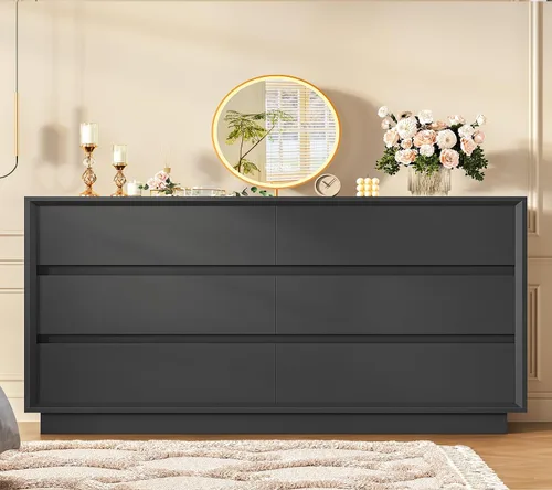 Vista 5 de TEENFON 55" Dresser for Bedroom with 6 Drawers, Black Dresser with Metal Slide, Bedroom Dressers, Wood Dressers & Chests of Drawers for Bedroom