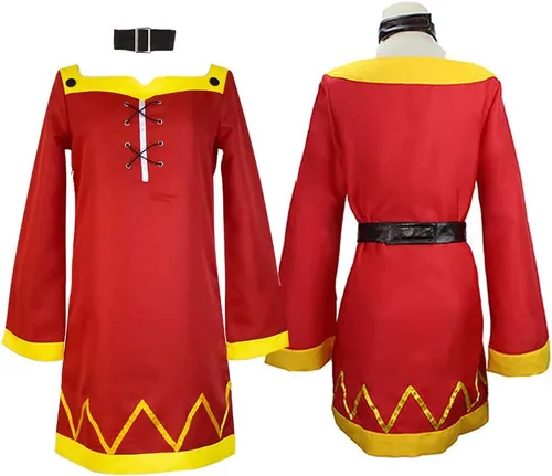 Vista 5 de Smehei Disfraz de cosplay de Megumin Konosuba, traje de megumin, vestido rojo, uniforme completo con sombrero para mujer