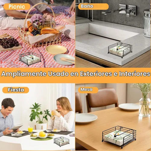Vista 4 de 3 servilletas para servilletas de papel, servilletas planas negras, dispensador de servilletas de metal para mesas de cocina, granja, cena, al aire