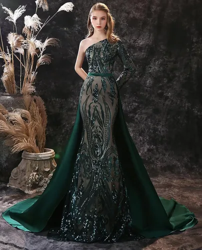 Vista 2 de VerdeBorgoñaRojoAzul RealNegro Satén Musulmán Sirena Prom Vestido De Fiesta De Noche Tren Desmontable