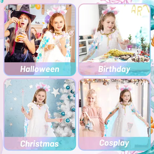Vista 6 de LIMIROLER Juego de 9 piezas de disfraz de princesa para niñas de 3 a 8 años, gran regalo para cumpleaños, Navidad, Halloween