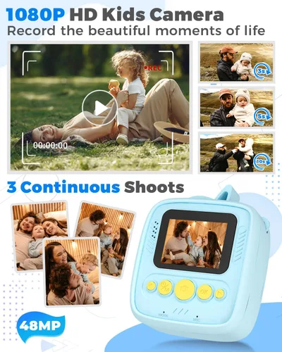 Vista 4 de Cámara de impresión instantánea para niños de 3 a 12 años, cámara para niños con tarjeta SD de 32 G y papel de 300 fotos, foto de 48 MP, video