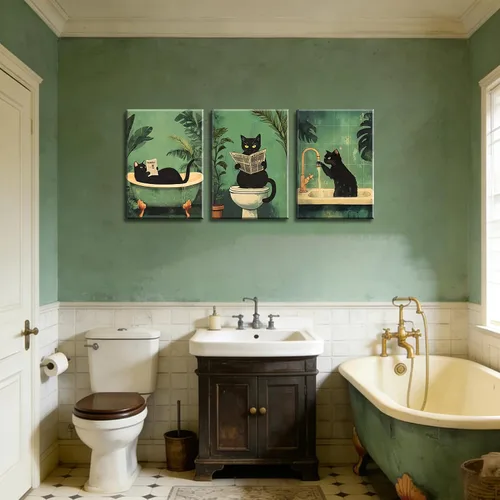 Vista 6 de 3 piezas de divertidos carteles de gato negro en lienzo para pared de baño Arte de pared vintage Gato se lava las patas leyendo el periódico