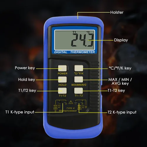 Vista 9 de Termómetro de termopar tipo K (-50 ~ 2,372.0 °F), medidor de temperatura digital de doble canal con 2 abrazaderas de temperatura y sensores de sonda