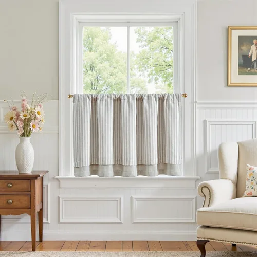 Vista 24 de jinchan Cenefa de Lino a Rayas para Ventanas de 16 Pulgadas Cortinas Opacas para Ventana Pequeña Estilo Granja Cenefa de Doble Capa para Sala