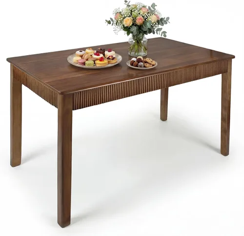 Vista 9 de Mesa de comedor de madera maciza de 31.5 pulgadas para 2, mesa rectangular moderna de madera real, diseño acanalado de mediados de siglo