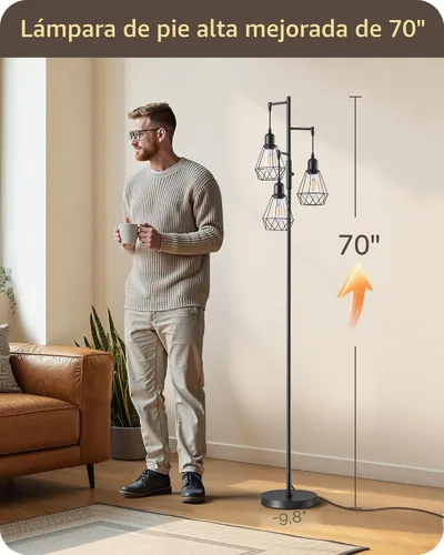 Vista 4 de EDISHINE Lámparas de Pie Estilo Granja de 70 Pulgadas para Sala de Estar, Lámparas Industriales Altas de Pie Regulables con 3 Bombillas LED Edison