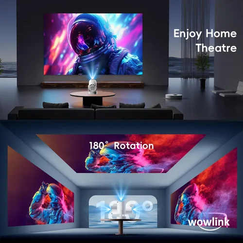 Vista 5 de Mini proyector con WiFi 6 y Bluetooth 5.4 Soporte 4K 1080P Auto Keystone Proyector giratorio de 180° Portátil Compatible con HDMI/TV Stick/Memory