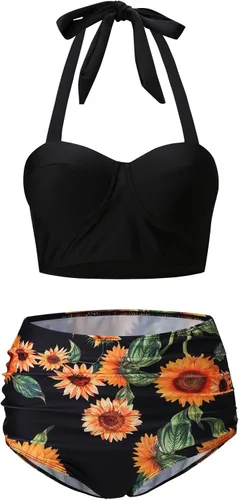 Vista 3 de Traje de baño de dos piezas para mujer, bikini de dos piezas de cintura alta con espalda cruzada, bikini anudado, bikini de 2 piezas