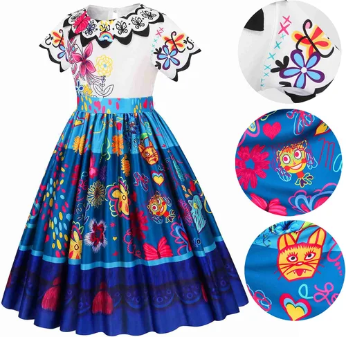 Vista 2 de Mirabel Costume Dress Encanto for kid Isabela Madrigal Dress Up Halloween Princess Cosplay for Child With Glasses Earrings