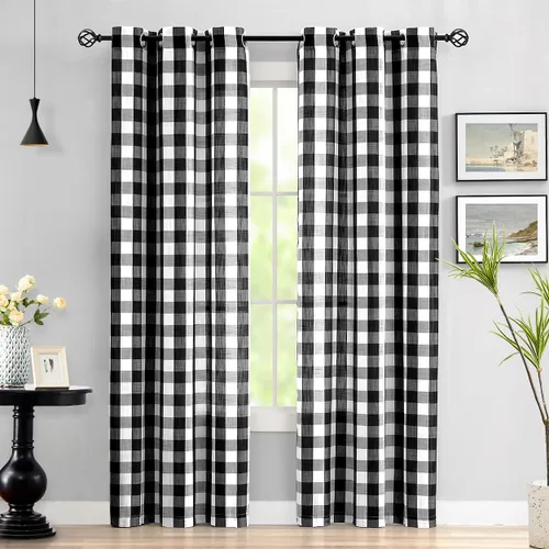 Vista 10 de Jubilantex Paneles de Cortina Semitransparentes a Cuadros Buffalo Blanco y Negro, Cortinas Texturizadas a Cuadros Gingham, Cortinaje, Cortinas