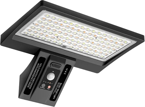 Vista 8 de Lámpara de pared solar para exteriores, 1050 lm IP65 impermeable tipo 2, lente óptica 104 LED, 3 modos de iluminación, luz de pared con sensor