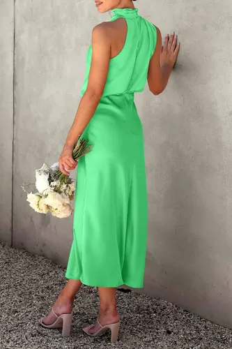 Vista 3 de PRETTYGARDEN Vestido de satén de verano 2023 para mujer, elegante, sin mangas, con cuello alto falso, para cóctel, fiesta, maxi vestidos
