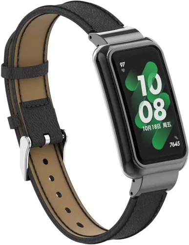 Vista 3 de Bandas compatibles con Huawei Band 10/9/8/7, accesorios de correa de repuesto de cuero con marco de metal para Huawei Band 7/8/9/10 Negro