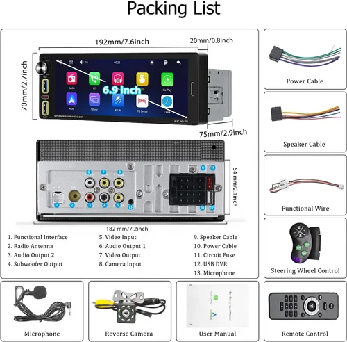 Vista 8 de Radio de pantalla táctil monodinar, estéreo HD IPS de 6.9 pulgadas con Apple CarPlay inalámbrico y Android Auto, Bluetooth 5.2, perilla física