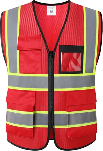 Vista 13 de Chaleco de seguridad para mujer, chaleco de alta visibilidad con 8 bolsillos y cremallera frontal, chaleco reflectante de malla que cumple