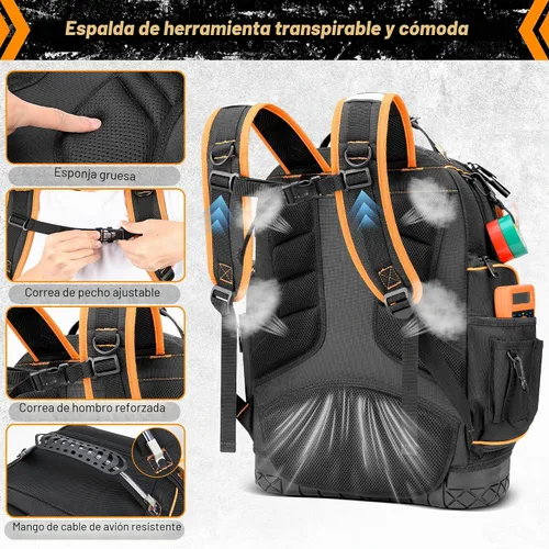Vista 4 de Mochila de herramientas, mochila de herramientas de apertura completa resistente para hombres con base moldeada impermeable, mochila grande
