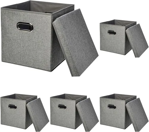 Vista 6 de Amazon Basics Cubo de almacenamiento plegable de tela de arpillera con tapa, apilable y resistente, gris, juego de 2