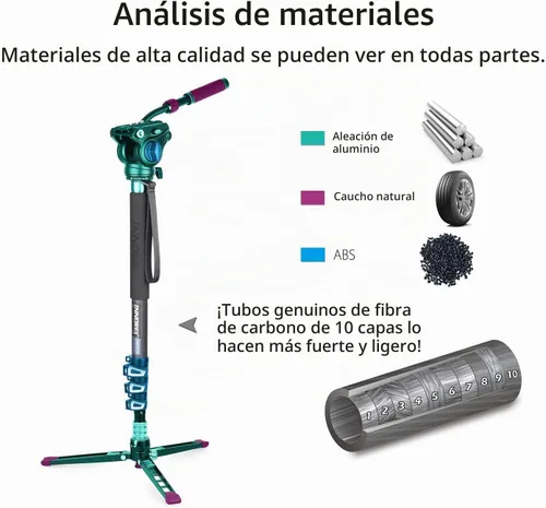 Vista 8 de VM70CK Kit de monopie de fibra de carbono - VM70CK Profesional Cabeza de fluido hidráulico Monopod extraíble Soporte de trípode de viaje