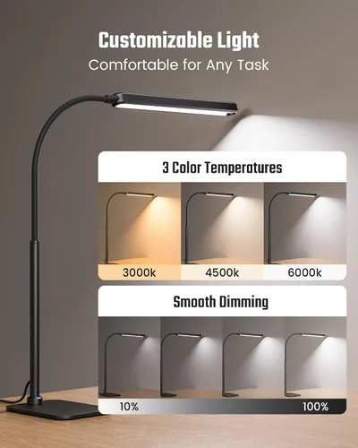 Vista 4 de SUPERDANNY - Lámpara de escritorio LED para el cuidado de los ojos con base de cuello de cisne flexible de 360°, lámpara de trabajo con control