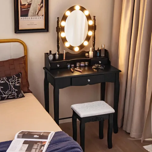 Vista 8 de CHARMAID Tocador de maquillaje con 10 luces LED, 4 cajones, estante de almacenamiento, perilla en forma de rosa, tocador de maquillaje