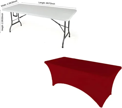 Vista 5 de Mantel de elastano color burdeos de 6 pies para mesa plegable rectangular ajustable