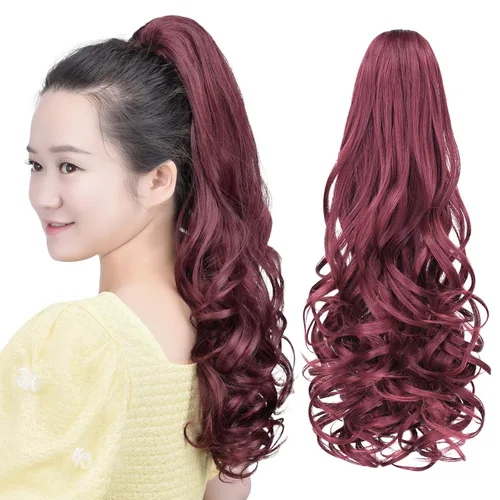 Vista 17 de Cola de caballo con clip, color castaño rojizo, ondulado de 10 pulgadas, extensión de cola de caballo de 3.3 onzas, extensiones de cabello sintético