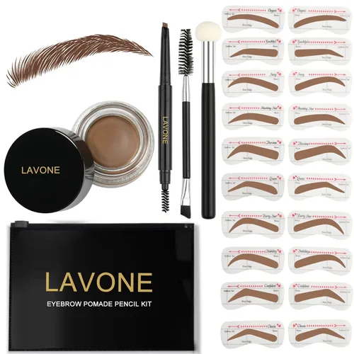 Vista 9 de LAVONE Kit de plantillas para cejas, trío de sellos para cejas con lápiz impermeable, pomada, 20 plantillas, cepillo de doble punta y aplicador