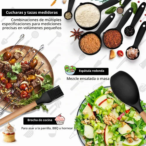 Vista 6 de Juego de utensilios de cocina HaWare, juego de espátulas de silicona de 23 piezas con soporte, utensilio de cocina con mango de madera resistente al