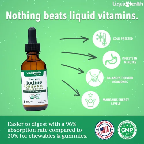 Vista 2 de LIQUIDHEALTH USDA - Gotas líquidas de yodo naciente orgánico, suplemento de yodo puro para tiroides y apoyo inmunológico, suplemento energético
