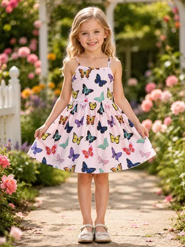 Vista 2 de Vestido de verano para niños pequeños, con tirantes delgados, sin espalda, con lazo, para cumpleaños, playa, vestido de playa A-Butterfly