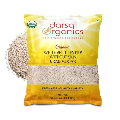 Vista 10 de Darsa Organics Urad Dal Split Without Skin (Urad Mogar) 2 libras – Lentejas partidas de matpe blanco orgánico USDA Sin OMG, proteína a base