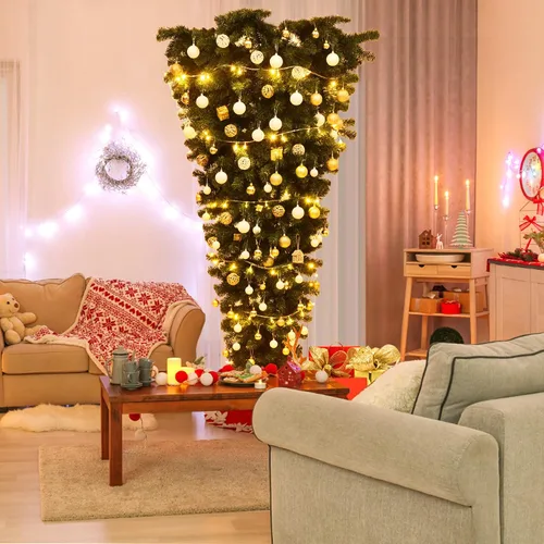 Vista 6 de DORTALA - Árbol de Navidad artificial invertido de 7 pies para decoración festiva con soporte de metal Sin encender