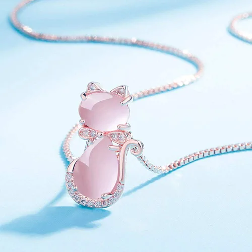 Vista 5 de BBSSC Collar con colgante de gato rosa, piedra de cuarzo y ópalo, lindo gatito adornado, cristales adornados, oro rosa, cadena chapada en plata