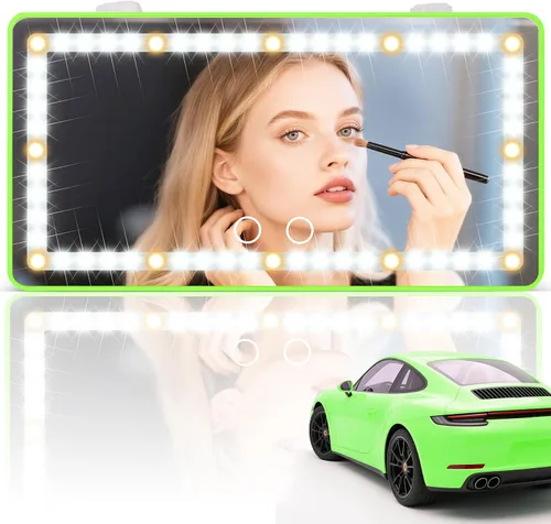 Vista 22 de SINGARO Espejo de tocador con visera solar para automóvil, espejo de maquillaje recargable con 60 LED, 3 modos de luz y control táctil regulable
