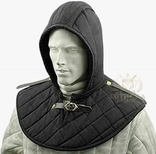 Vista 2 de Collar de armadura medieval de algodón grueso acolchado Coif medieval y collar protector de cuello Coif y coif
