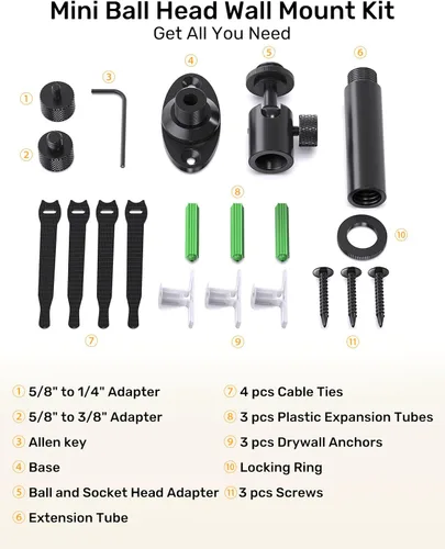 Vista 9 de Soporte de pared para micrófono con mini cabezal de bola giratorio, soporte de pared de micrófono con soporte de brida, adaptador de soporte