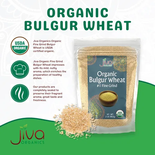Vista 3 de Trigo búlgur orgánico fino #1 de 2 libras, sin OMG, cultivado en Estados Unidos, bayas de trigo 100% naturales, bolsa resellable por Jiva Organics