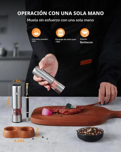 Vista 4 de FORLIM Mini Molinillo Eléctrico de Sal y Pimienta con Base de Madera, Recargable por USB, Pequeño Molinillo Automático de Sal y Pimienta