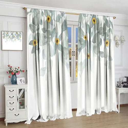 Vista 4 de Cortinas de cocina con hojas de acuarela, diseño de girasol, floral, plantas campestres, primavera, naturaleza, arte, impreso, tela para el hogar