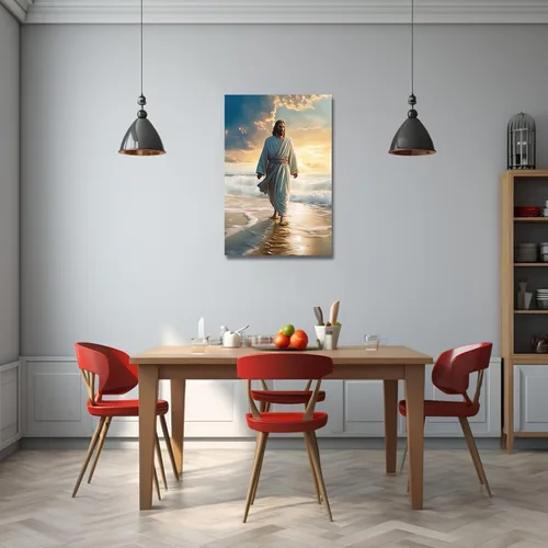 Vista 2 de LZIMU Lienzo decorativo para pared, diseño de Jesús caminando en la playa, póster de Dios, obra de arte católica para habitación espiritual