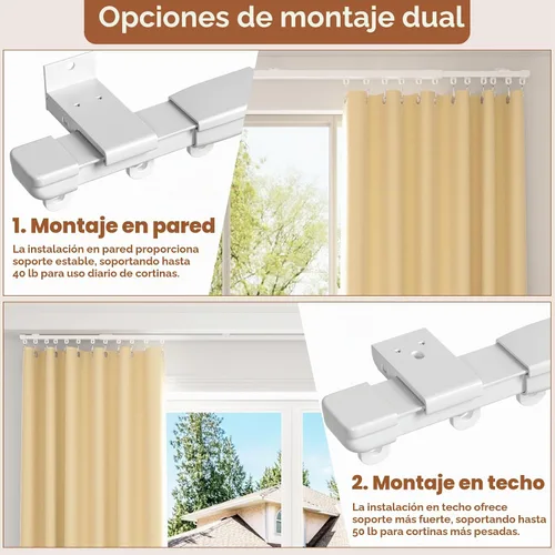 Vista 4 de AIZESI Riel de cortina de aluminio resistente para montaje en pared de techo deslizante con ganchos, ojal de longitud ajustable de 3 pies / cortina