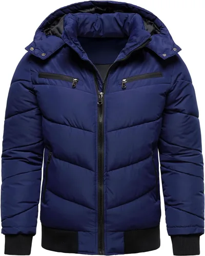 Vista 6 de HOOD CREW Abrigos de invierno para hombre, parka acolchada y a prueba de viento, chaquetas de plumón cálidas con capucha extraíble